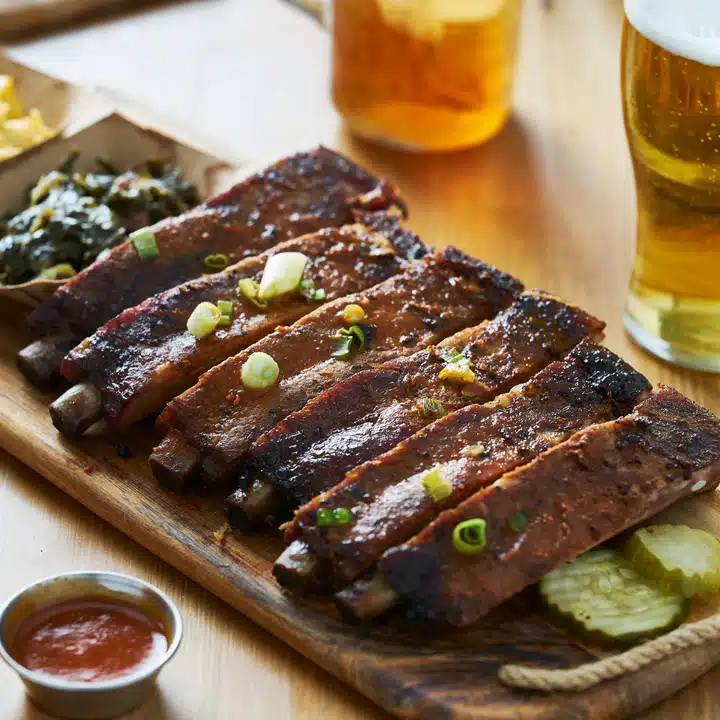 st louis style bbq ribs on table top with sweet tea, beer, collard greens and mac & cheese