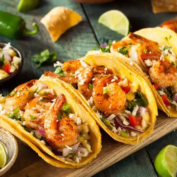 An image of grilled shrimp tacos with fresh toppings