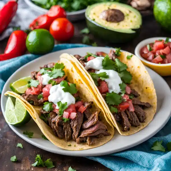 An image of juicy carne asada tacos on a plate