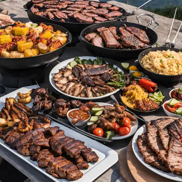 An image showing a BBQ catering setup with various grilled meats and side dishes