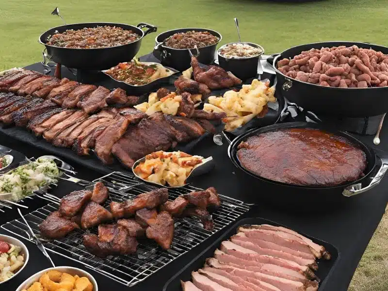 An image showing a mobile BBQ catering service with smoky, tender meats and delicious sides