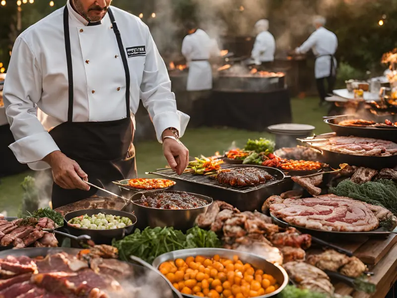 An image showing a professional food caterer preparing a delicious BBQ spread for a party in Sacramento