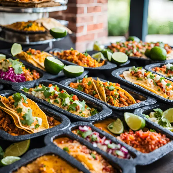 An image showing a vibrant Mexican food catering setup with tacos and fresh ingredients